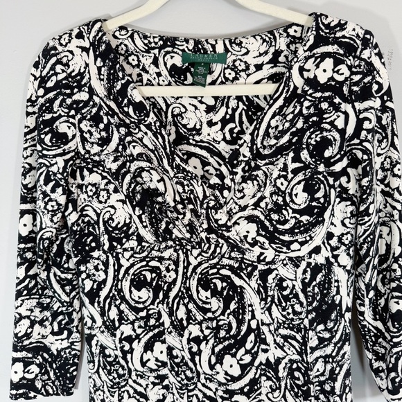 Lauren Ralph Lauren Paisley Print Jersey Knit Dress Size 6 Black White Stretch - Picture 3 of 10